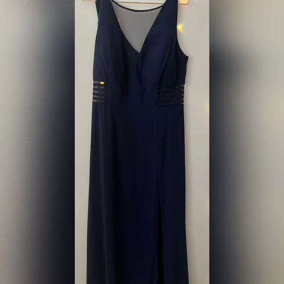 Navy Morgan & Co. Womens Solid With Mesh A-Line Dress Junior Size 16 W - Picture 8 of 10